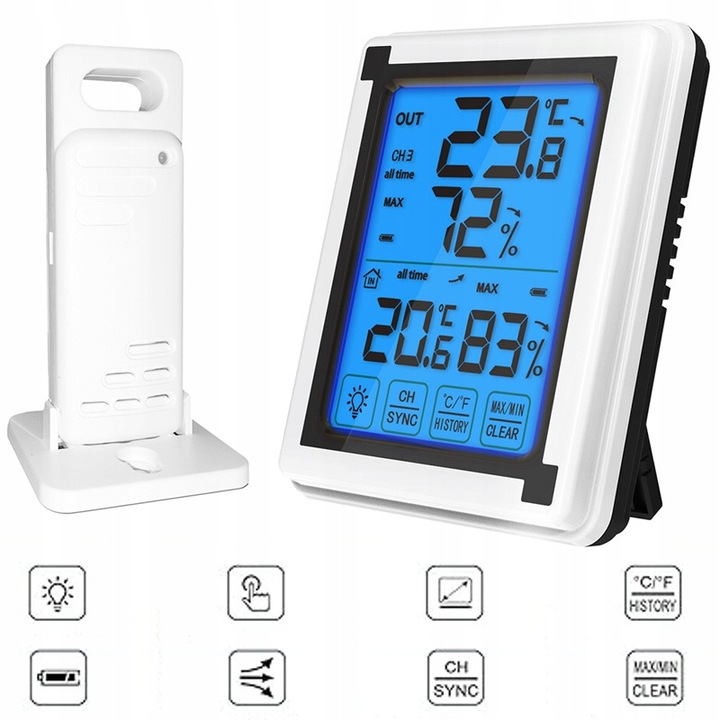 Termometru digital, statie meteorologica, higrometru, senzor, alb, 10x3.5x2cm