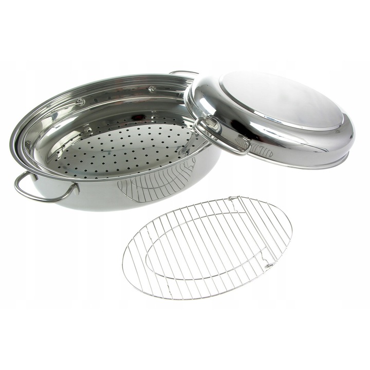 Brytfana ovala din otel cu capac, set cu suport pentru aburi, 5,6 l, 37,3x25,5x11cm, multicolor
