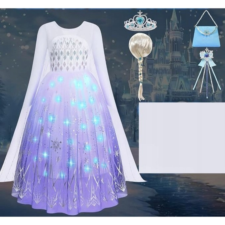 Costum de printesa Elsa cu LED, set complet, 9-10 ani, albastru, 140 cm