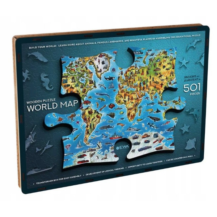 3D fa puzzle, összeszerelési készlet, világtérkép, 501 darab, 550x395mm