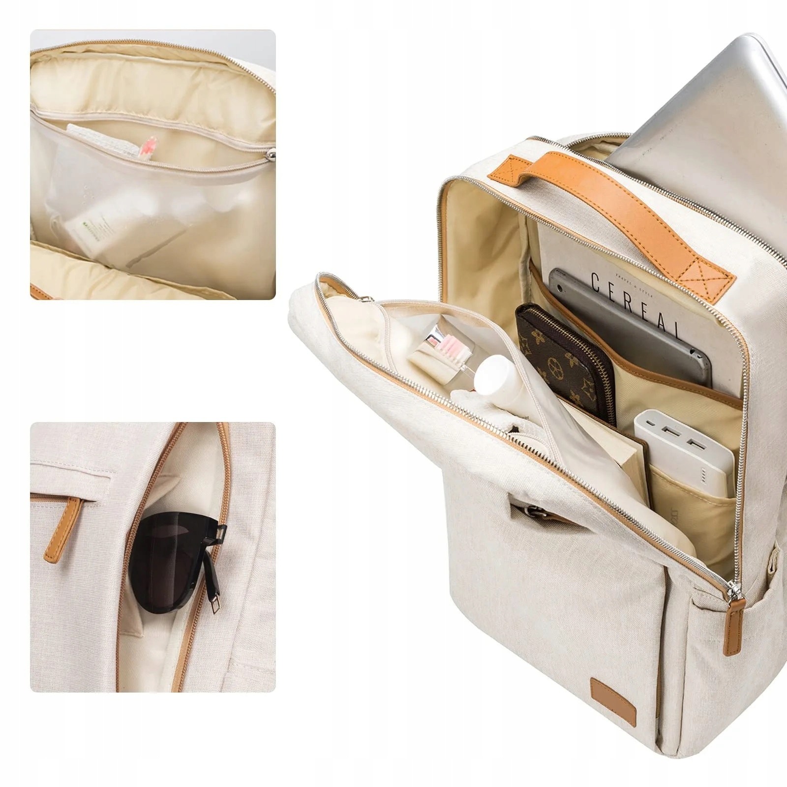 Ghiozdan K&M pentru laptop 15,6'', impermeabil, cu port USB, crem, 42x30x18cm