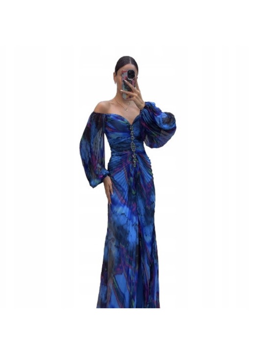 Дълга, синя, ефирна рокля с декоративно деколте, дълъг ръкав, универсален комплект, Един размер INTL