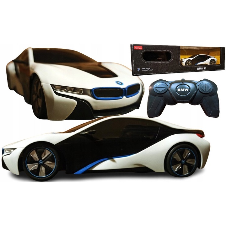 Masinuta Rastar BMW i8, alb, 1:24, telecomanda 2,4 GHz, 18x9x6cm, set complet