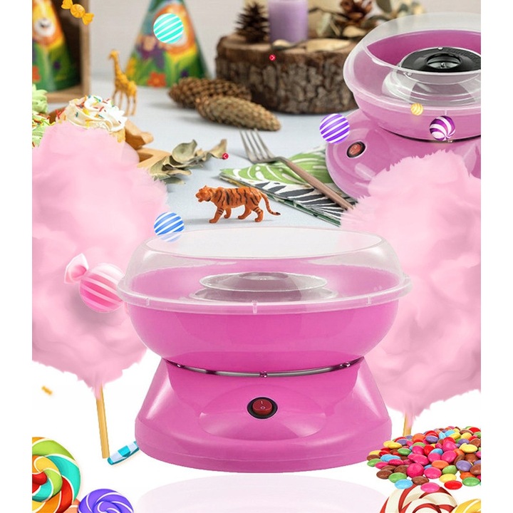 Masina de facut vata de zahar, roz, 450W, 25x18cm, set cu masura si 10 betisoare