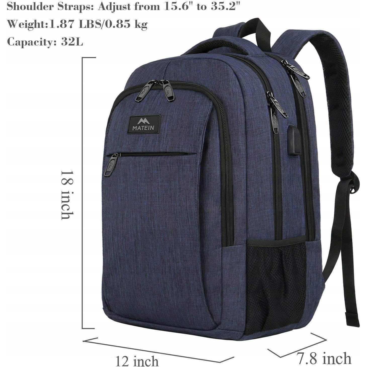 Plecak scolar Matein 15.6", impermeabil, organizator multifunctional, albastru, 45.97x35.81x19.81cm