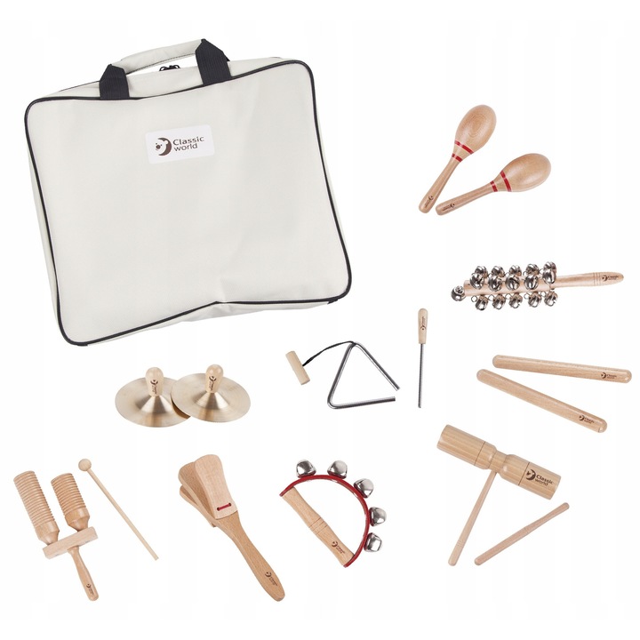 Set instrumente muzicale, Classic World, 9 accesorii, din lemn, pentru copii de la 3 ani