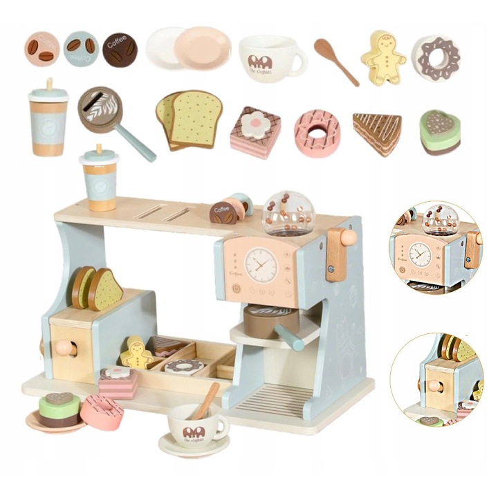 Set de joaca espresso din lemn cu accesorii pentru copii, 39,5x18x26cm, culori pastelate