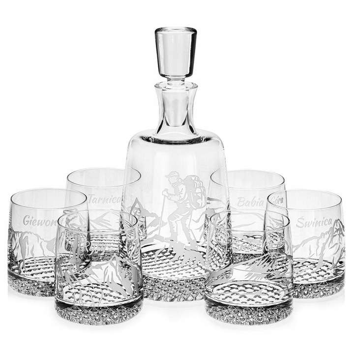 Set de whisky 6+1 "Polskie Gory", 6 pahare 300ml + carafa 950ml, sticla Crystalline, detalii gravate, multicolor