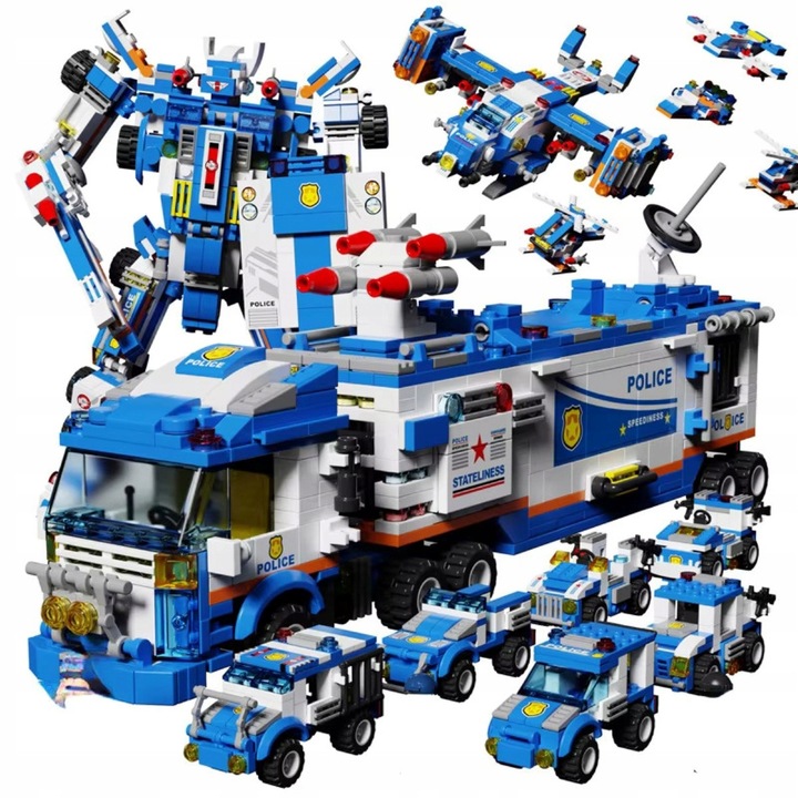 Set de constructie politie, 828 elemente, robot, avion, camion, multicolor, 53x33x8cm