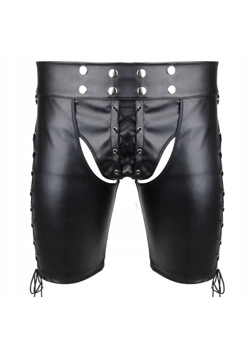 Férfi szexi rövidnadrág, műbőr, állítható kötések, fedetlen fenék, fekete