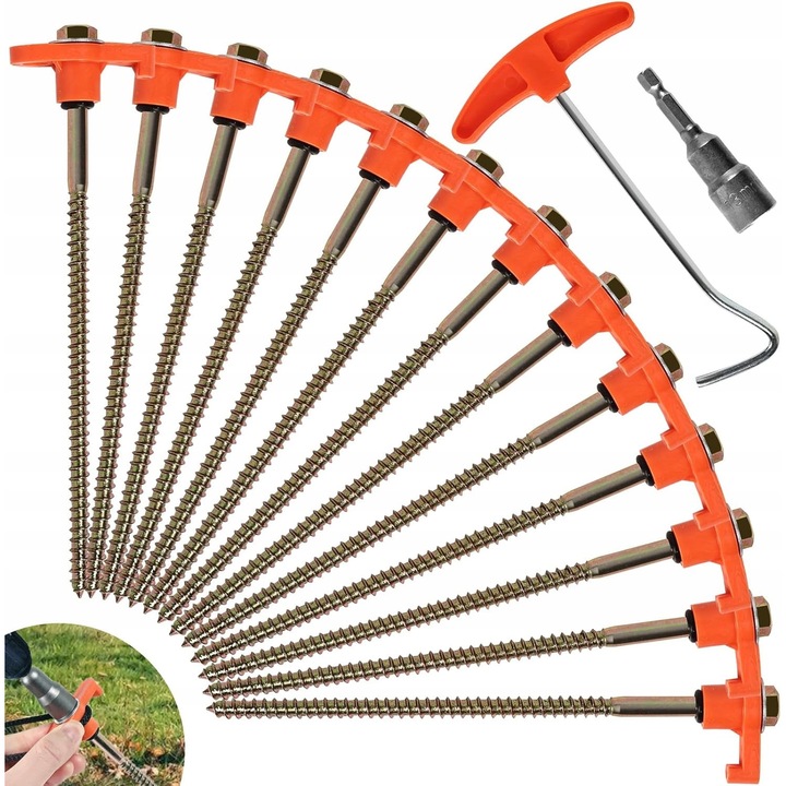 Set 12 stifturi pentru cort, din otel rezistent, cu filet, 20,3 cm, accesorii camping
