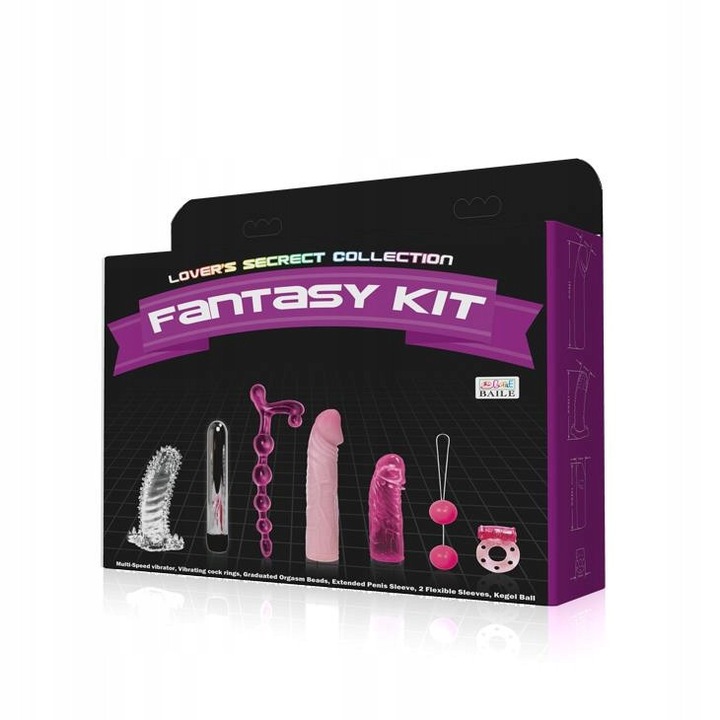 Set Baile Fantasy Kit, vibrator cu multiple viteze, dong semi-transparent, inele texturate