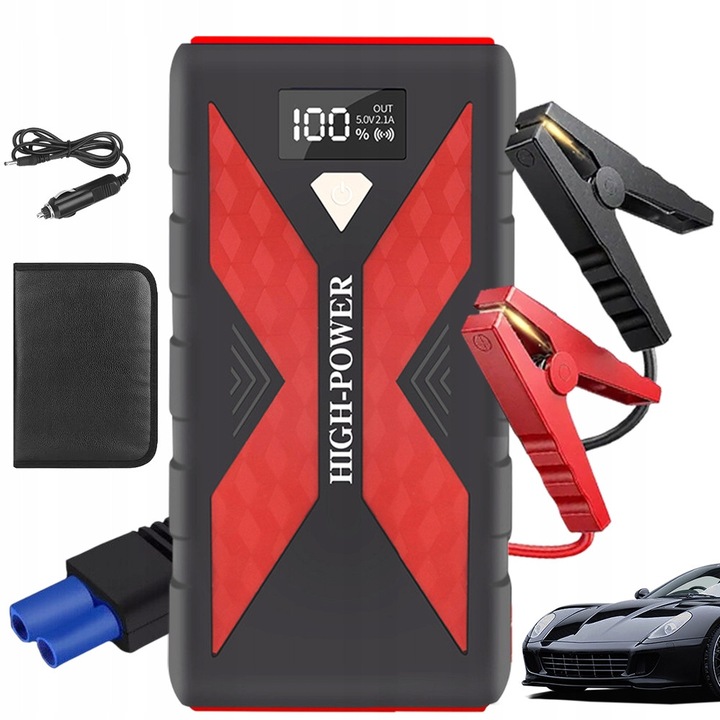 Bedee autóindító power bank, 10000mAh, 1000A, piros és fekete, LED zseblámpával, mérete 16,8x8,2cm, komplett készlet.