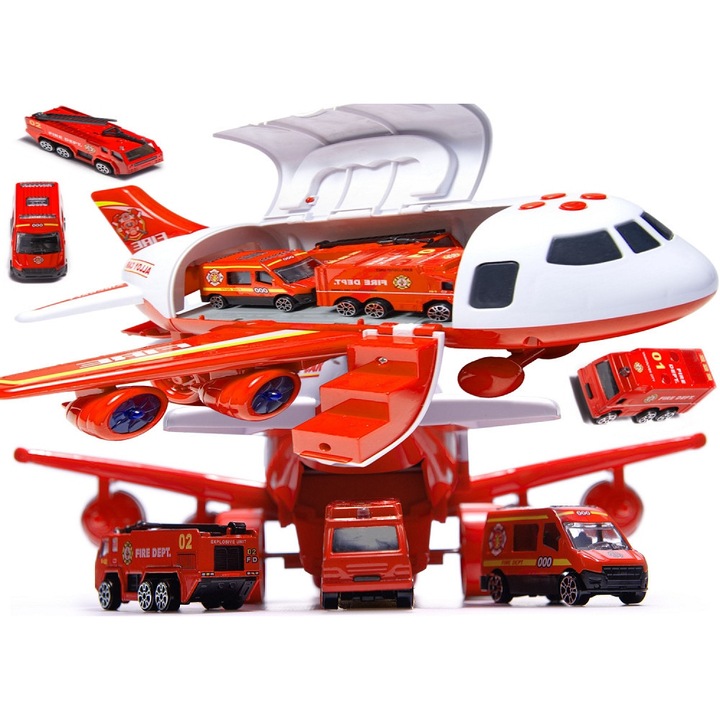 Repülőgép szett 3 autóval, 7 közlekedési táblával, 300x250x140 mm, fehér/piros