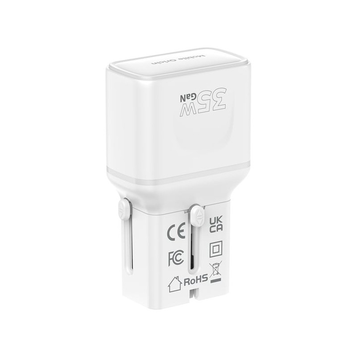 Зарядно устройство Mobile Origin Travel Adapter GaN, 35W, 1xUSB-C, 1xUSB-A, съвместимо с контакти EU/UK/US/AU, бяло