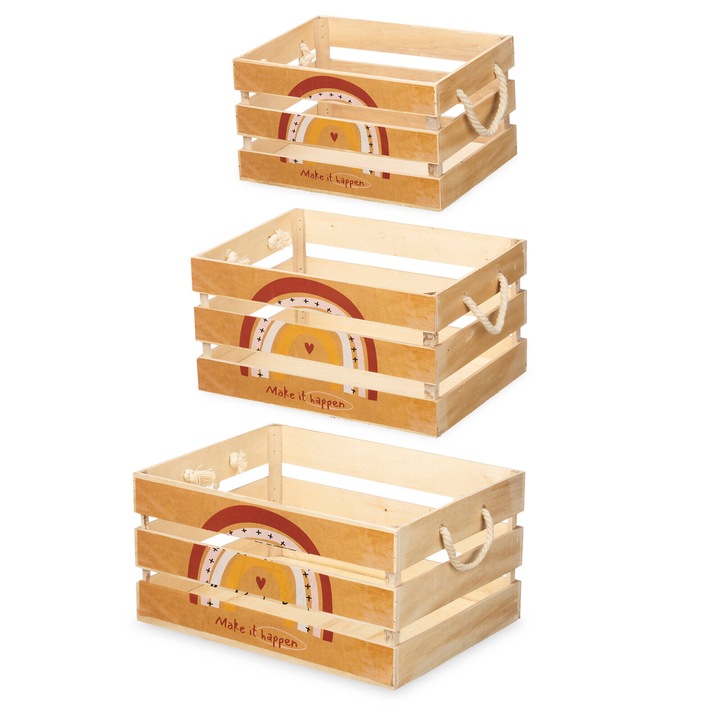 Set 3 cutii depozitare din lemn colorate cu manere, model curcubeu, 40x30x20 cm