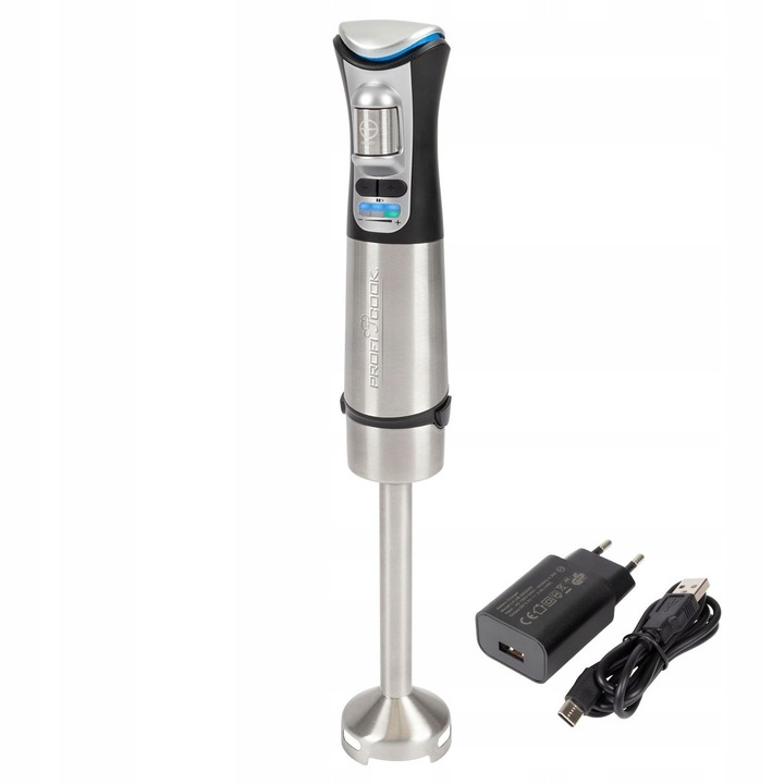 Kézi turmixgép, Profi Cook, inox, 200 W, 2000 mAh akkumulátor, méretek 6x40x6 cm