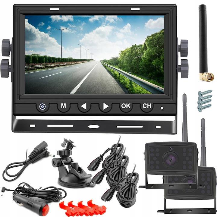 Set wireless 2x camere de marsarier + monitor LCD 7", FULL HD, 100m, 12V/24V