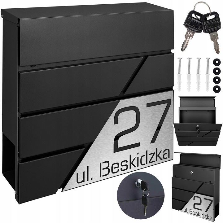 Cutie postala personalizata MTEC, neagra RAL9005, 37x37x10,5cm, cu suport pentru ziare