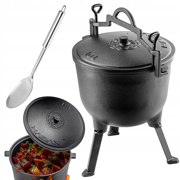 Ceaun vanatoresc din fonta 10L, cu capac, lingura, 35x22cm, 13.5kg, argintiu