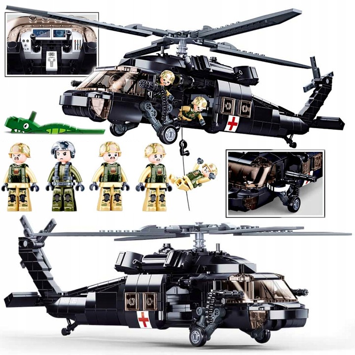 Set de constructie Helikopter H-60 Black Hawk, 692 piese, 4 figurine soldati, multicolor