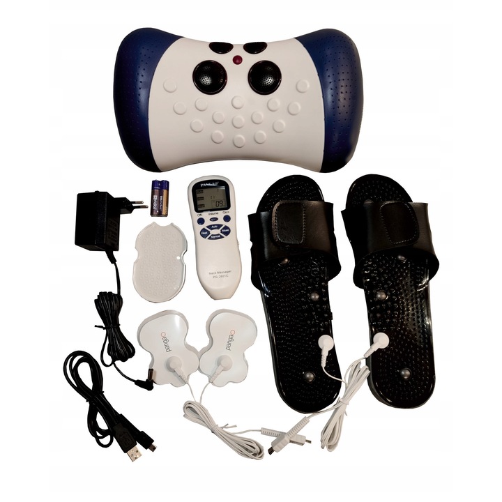 Electrostimulator masaj, 3 in 1, MAX-2601C, 4 programe automate, functie de incalzire, set complet, cu papuci si masaj pentru gat, Alb / Negru