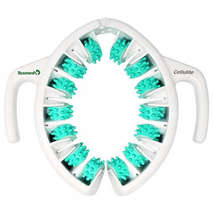Ръчен антицелулитен масажор Tesmed, бял със зелени акценти, 38 см, комплект с електронна книга