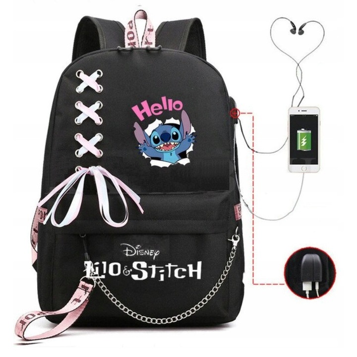 Ghiozdan scolar K&M Lilo And Stitch, USB, jack, 45x30x18cm, 20-35 litri, set