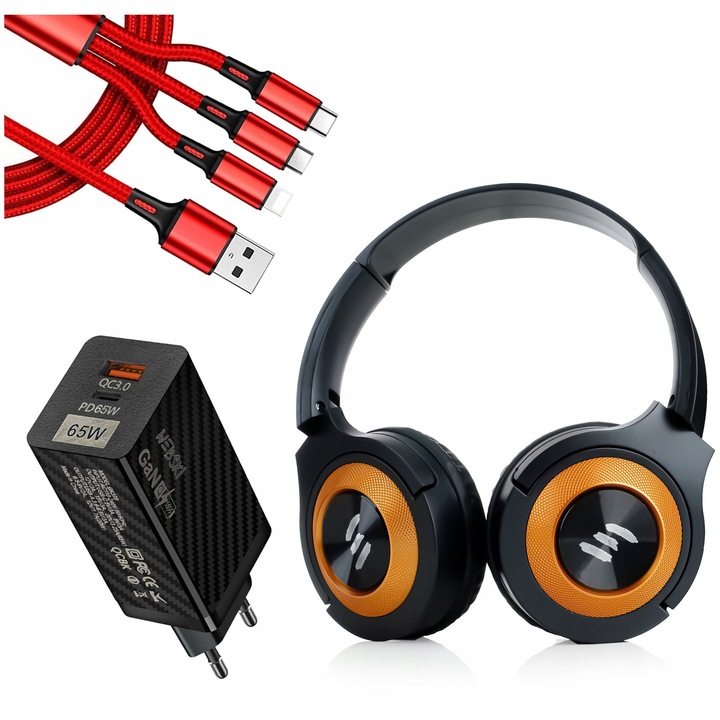 Vezeték nélküli Bluetooth fejhallgató mikrofonnal, microSD olvasóval, 65W Webski gyors töltővel, fekete, 120cm