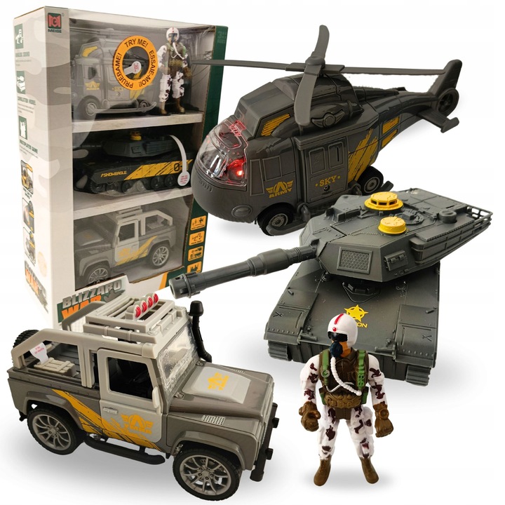 Katonai szett gyerekeknek, Happy Kiddo, helikopter, tank, jeep, katona figura, hangok, 10x24x35cm