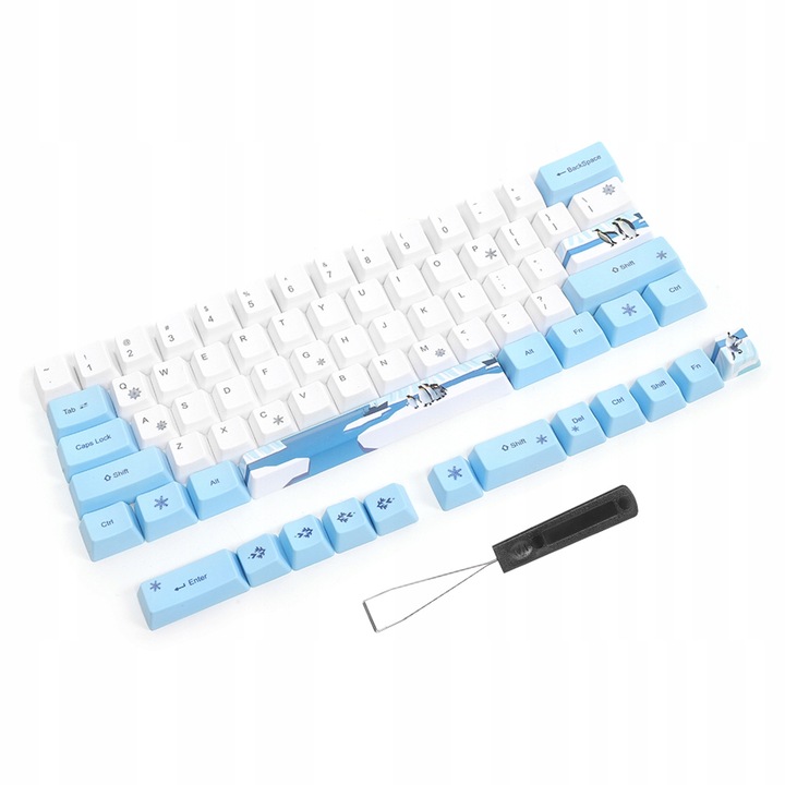Set 73 taste PBT pentru tastatura mecanica, model 6064 Penguins, alb/albastru