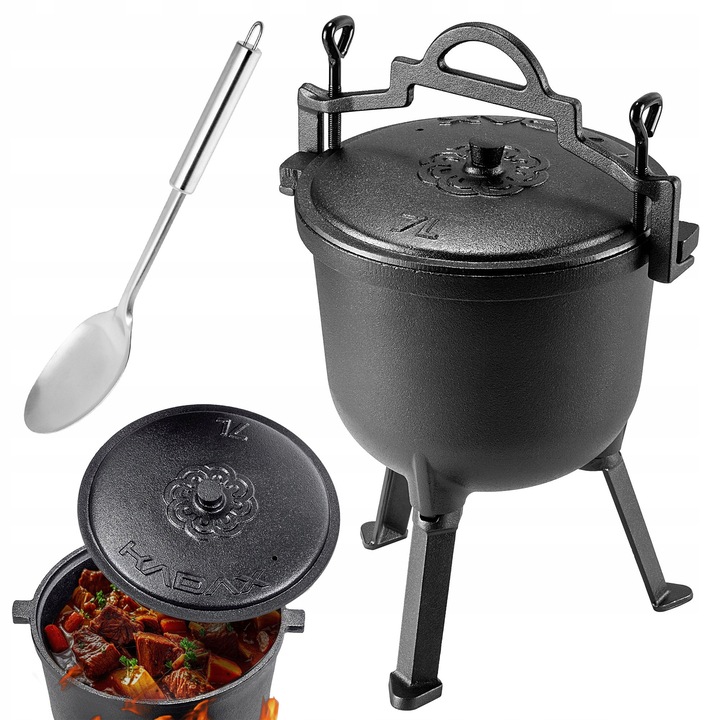 Ceaun din fonta 7L cu capac, lingura, negru, 32x20cm, set pentru gratar