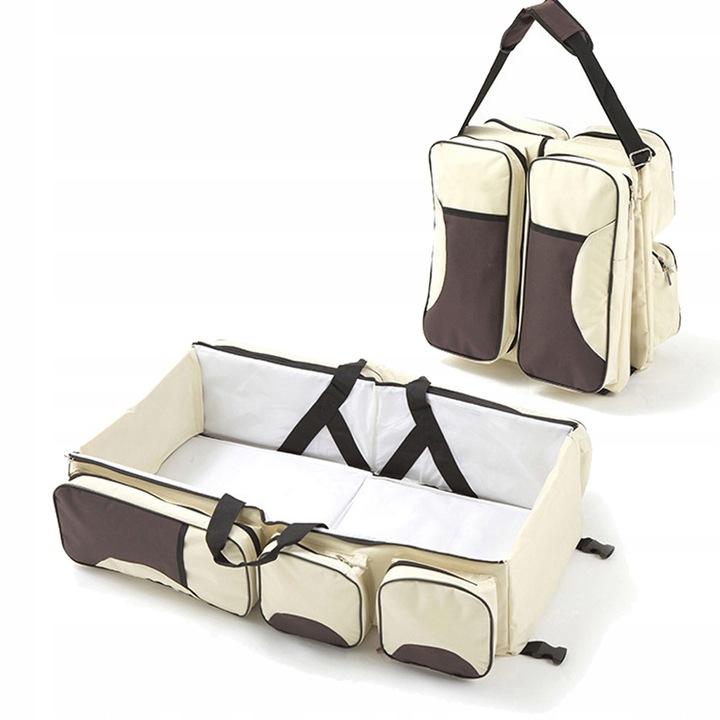 Rucsac pentru scutece 3 in 1, bej, 85x38x18cm, cu saltea de schimb si capacitate mare