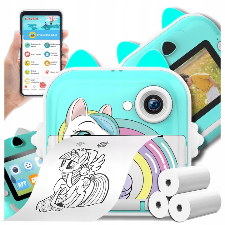 Aparat digital Drukus 5.0, camera mini, imprimeaza instantaneu, 3 role de printare, multicolor, 11x11x4.5cm