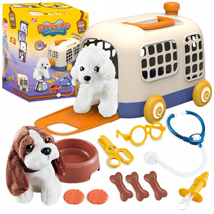 Set veterinar cu catel din plus, transportor cu roti, 12 piese, 10,5x20x17cm