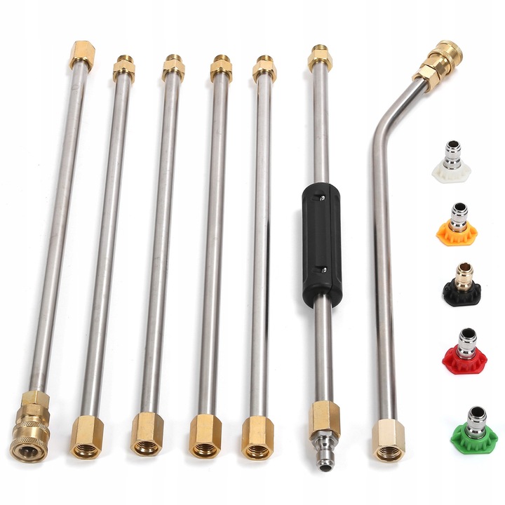 Set accesorii pentru aparat de spalat cu presiune, 5 duze, 6 prelungitoare, lungime 38cm, culoare argintie