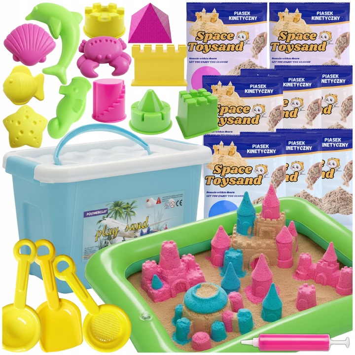 Set XXL nisip chinedtic, 8kg, 3 culori, 12 forme, 2 lopatici, 1 sita, 1 pompa, 1 bazin umflat