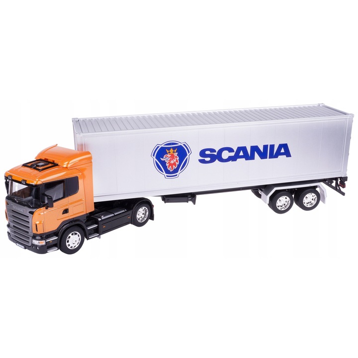 TIR SCANIA R470 metalic cu naccea, 1:32, portocalie, dimensiuni 47,5x8,3x14cm