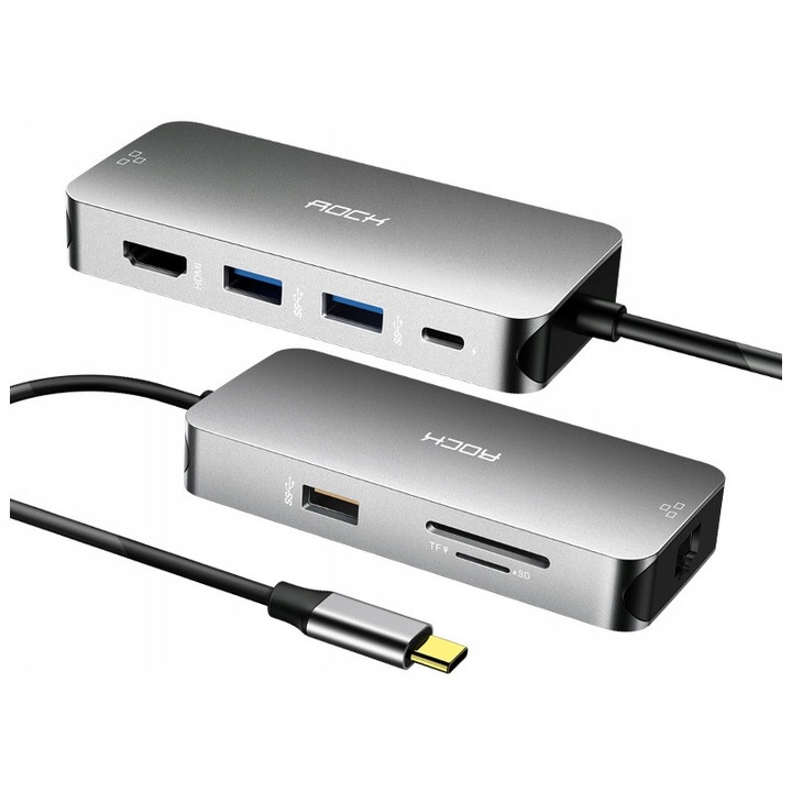 HUB Adapter USB-C ROCK 8w1, 3x USB 3.0, HDMI 4K, RJ45 Gigabit Ethernet, 87W