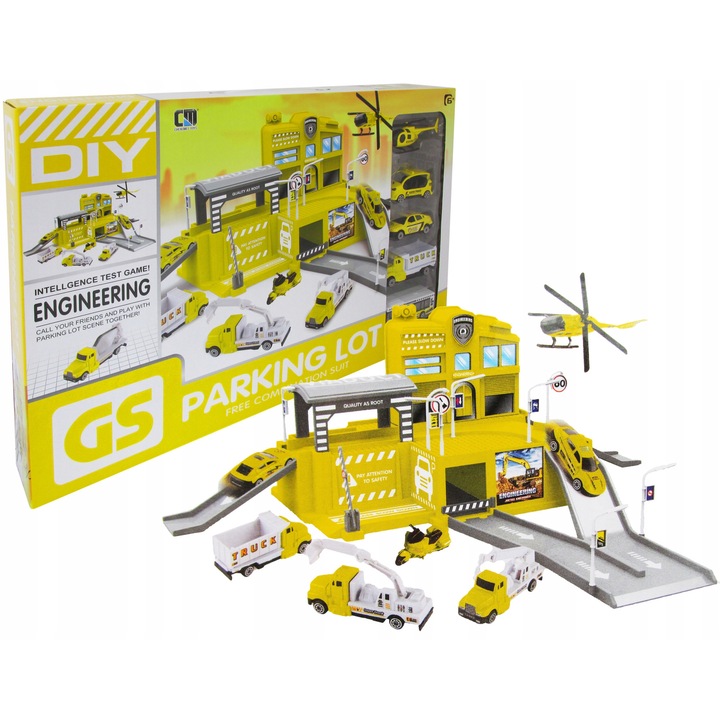 Set parcare cu masinute si elicopter, TRIFOX, 4 vehicule, 7x9cm, pentru copii 3+