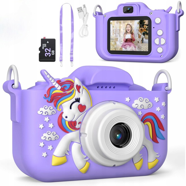 Детска дигитална камера, SF, еднорог, 40Mpx, Full HD, розова, комплект с 64GB карта