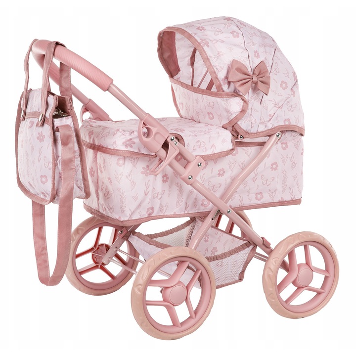 Количка за кукли Kinderplay, комплект с чанта и кошница, розова, 48x56см