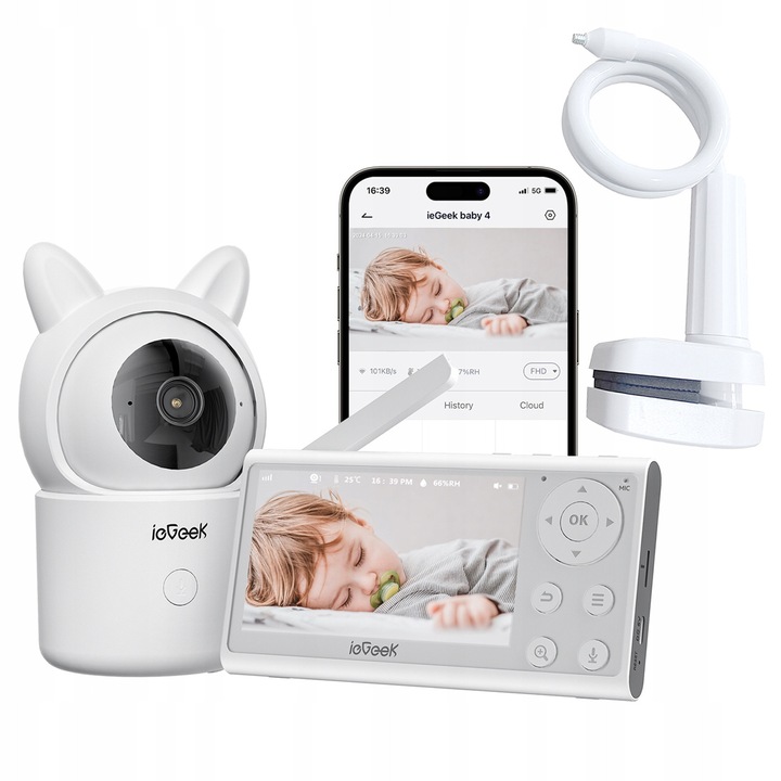 Monitor video pentru bebelusi, ieGeek, camera 1080P, LCD, zoom 4x, functie de noapte, set complet