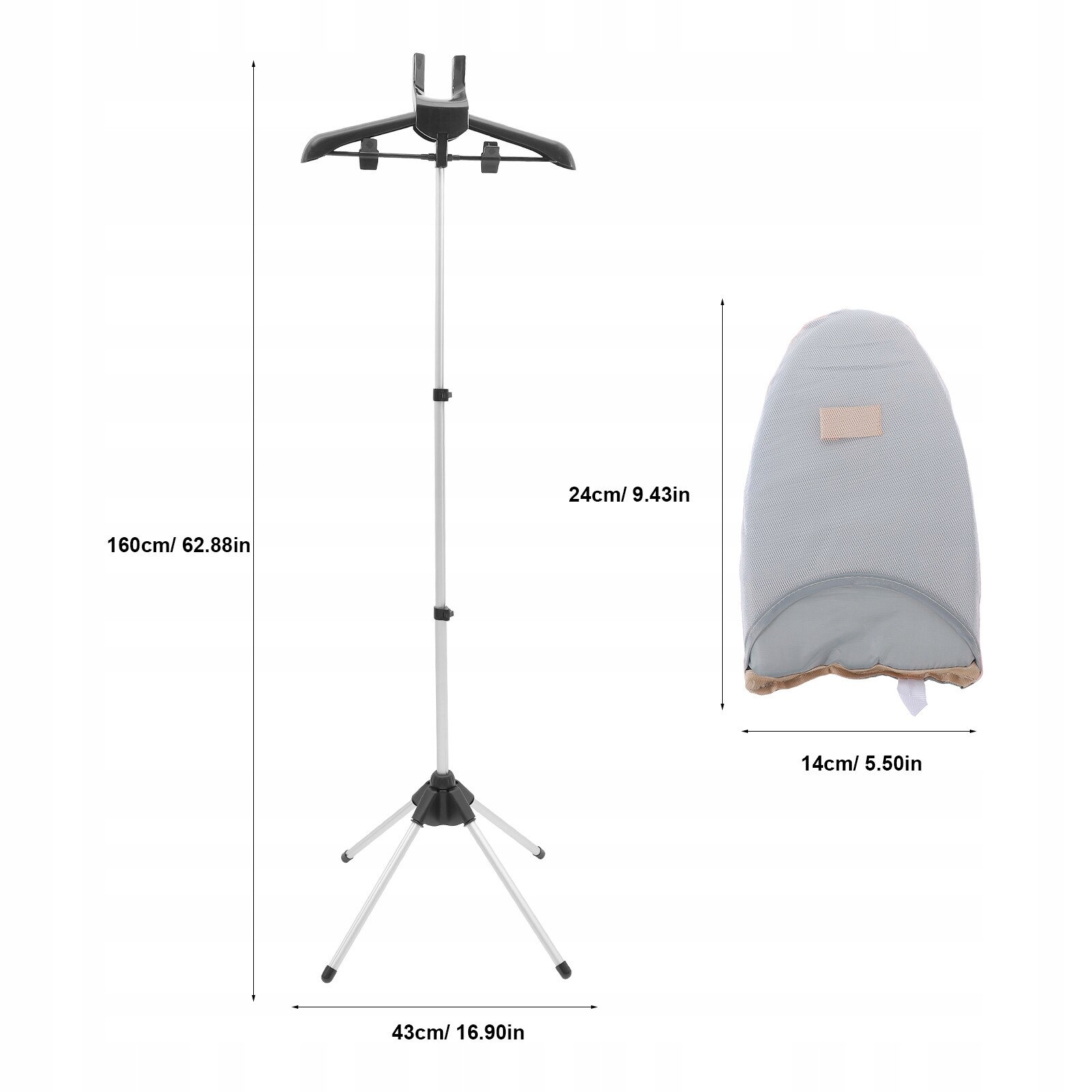 Stativ pentru haine cu abur, set cu manusa de calcat, pliabil, 160x43x43cm