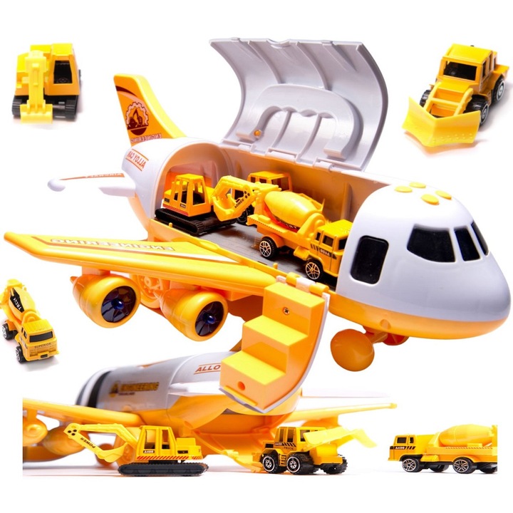 Szállító repülőgép 3 építőipari géppel, sárga/fehér, 30x25x14 cm
