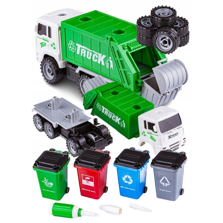 Set masina de gunoi de jucarie, 4 cosuri de reciclare, 33,5x27x10cm