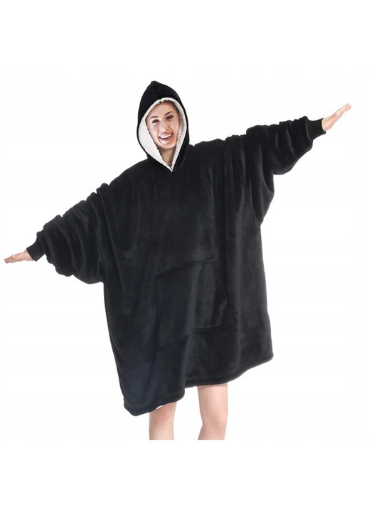 Hanorac oversize 2in1, negru, catifea si lana de miel, pentru toata familia, One Size INTL