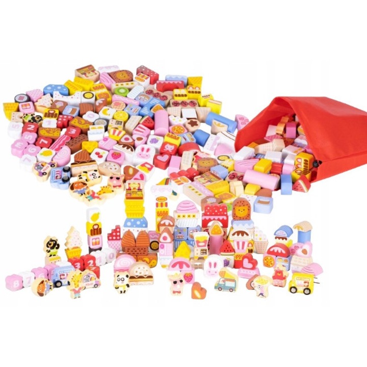 Комплект дървени кубчета Ecotoys, 116 елемента, различни цветове, за деца над 3 години