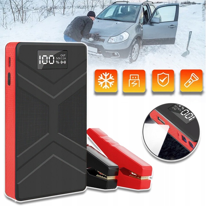 Autó akkumulátortöltő, power bank, 12V, bilincsekkel és kábellel