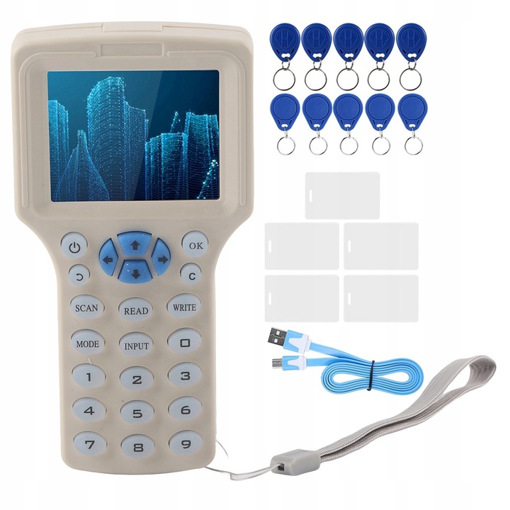 Programator duplicator cititor RFID NFC, set 10 brelocuri si 5 carduri, 3,2 inch, portabil